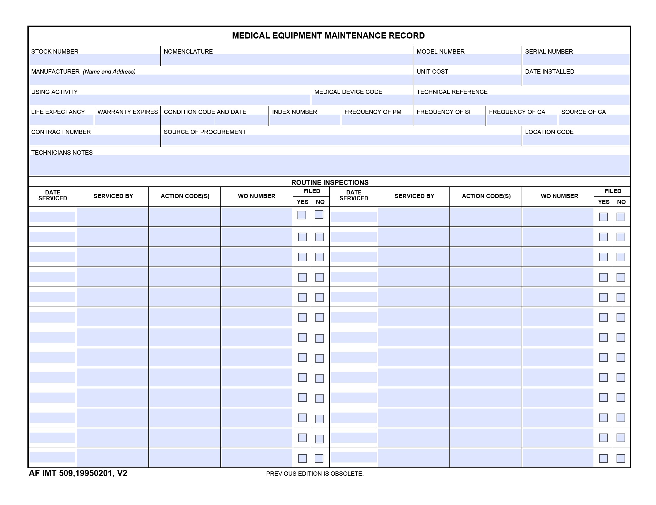 AF Form 509 - Medical Equipment Maintenance Record PDF